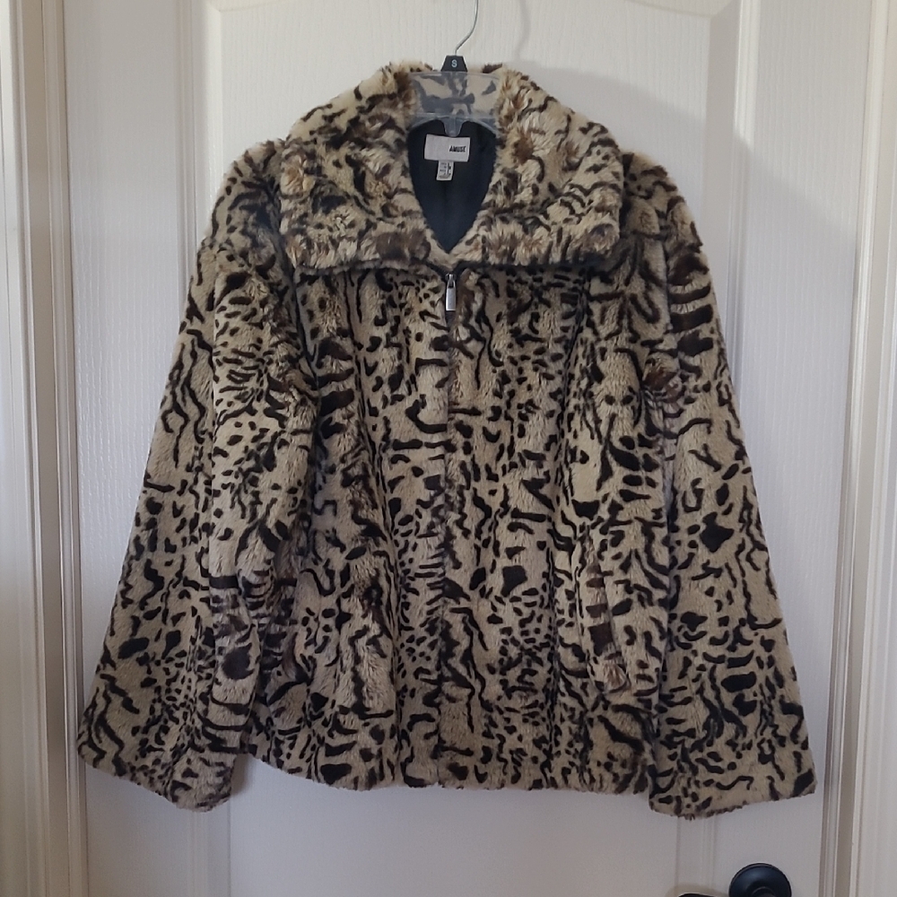Animal Print Faux Fur Zip-Up Collared Jacket With Pockets Size Small